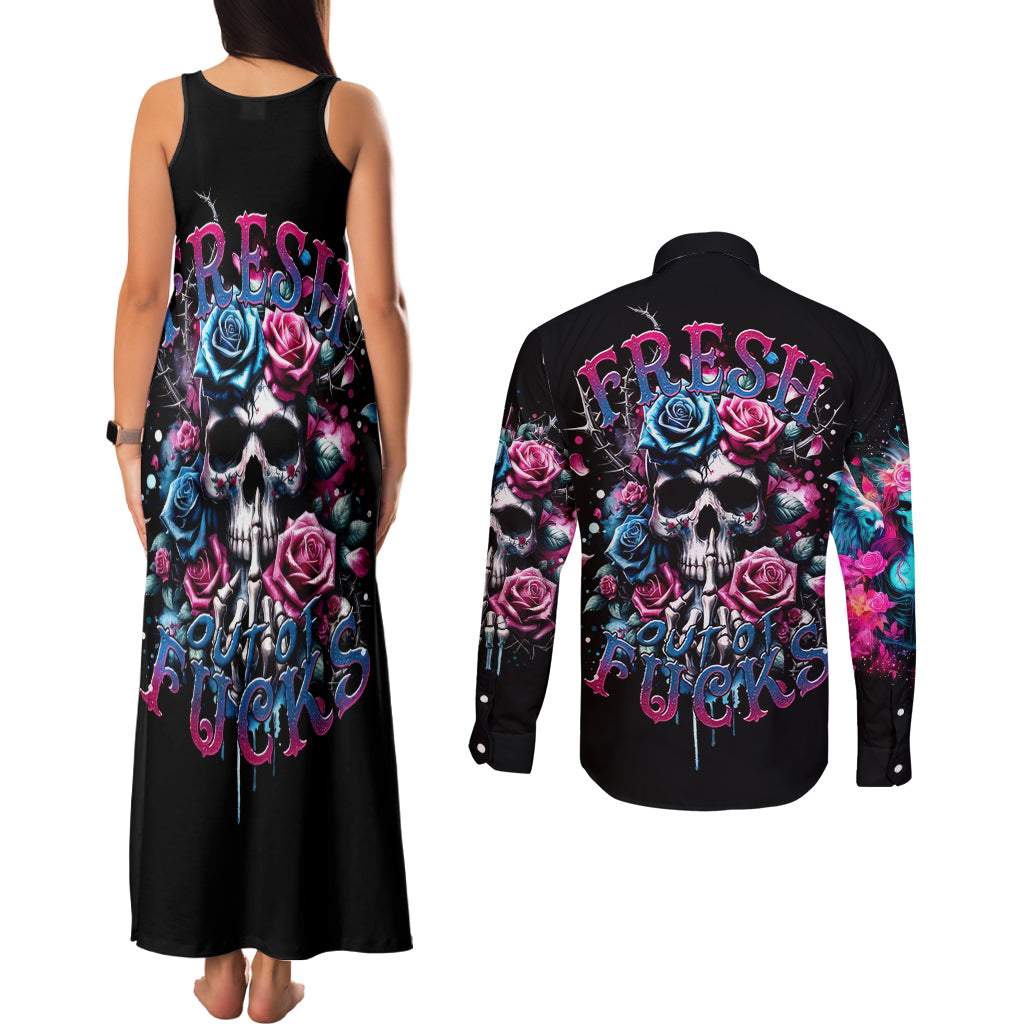 Rose Skull Couples Matching Tank Maxi Dress and Long Sleeve Button Shirt Fresh Out Of Fucks