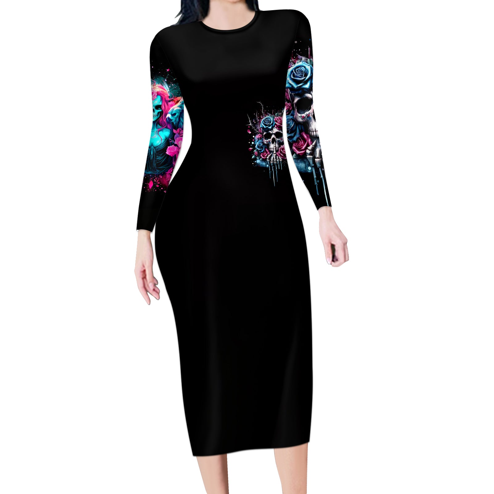 Rose Skull Long Sleeve Bodycon Dress Fresh Out Of Fucks