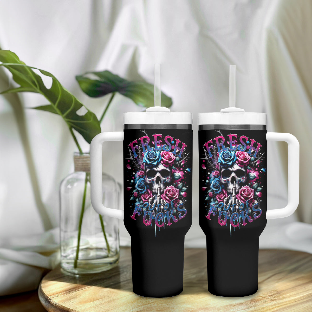 Rose Skull Tumbler With Handle Fresh Out Of Fucks