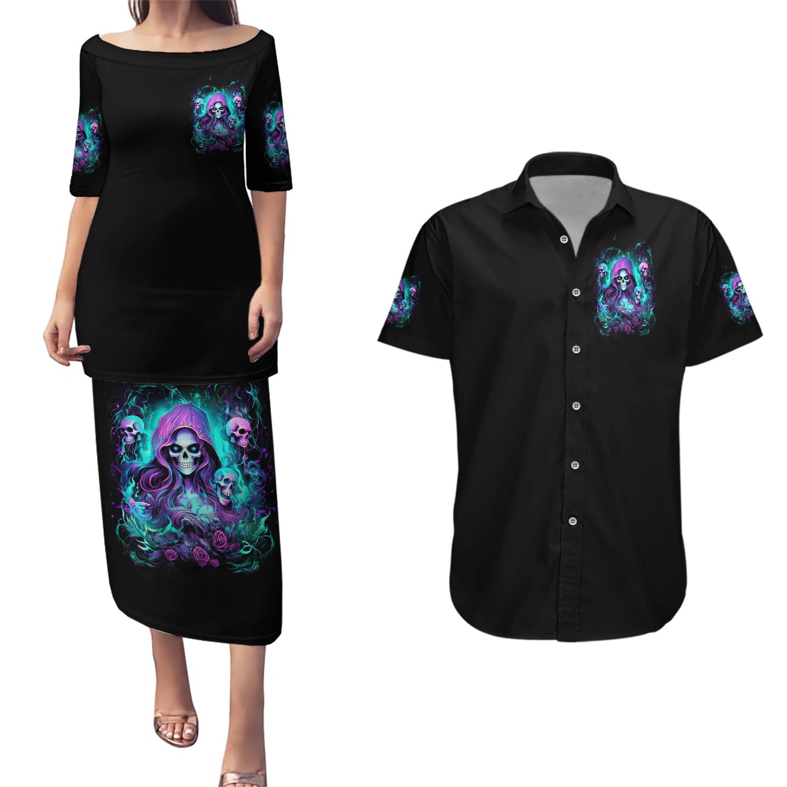 Witch Skull Couples Matching Puletasi and Hawaiian Shirt If I'm Too Quiet And Smiling You Might Want To Run