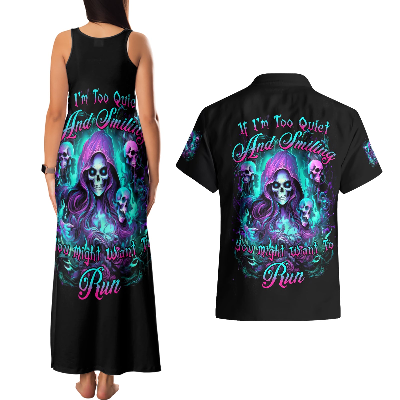 Witch Skull Couples Matching Tank Maxi Dress and Hawaiian Shirt If I'm Too Quiet And Smiling You Might Want To Run