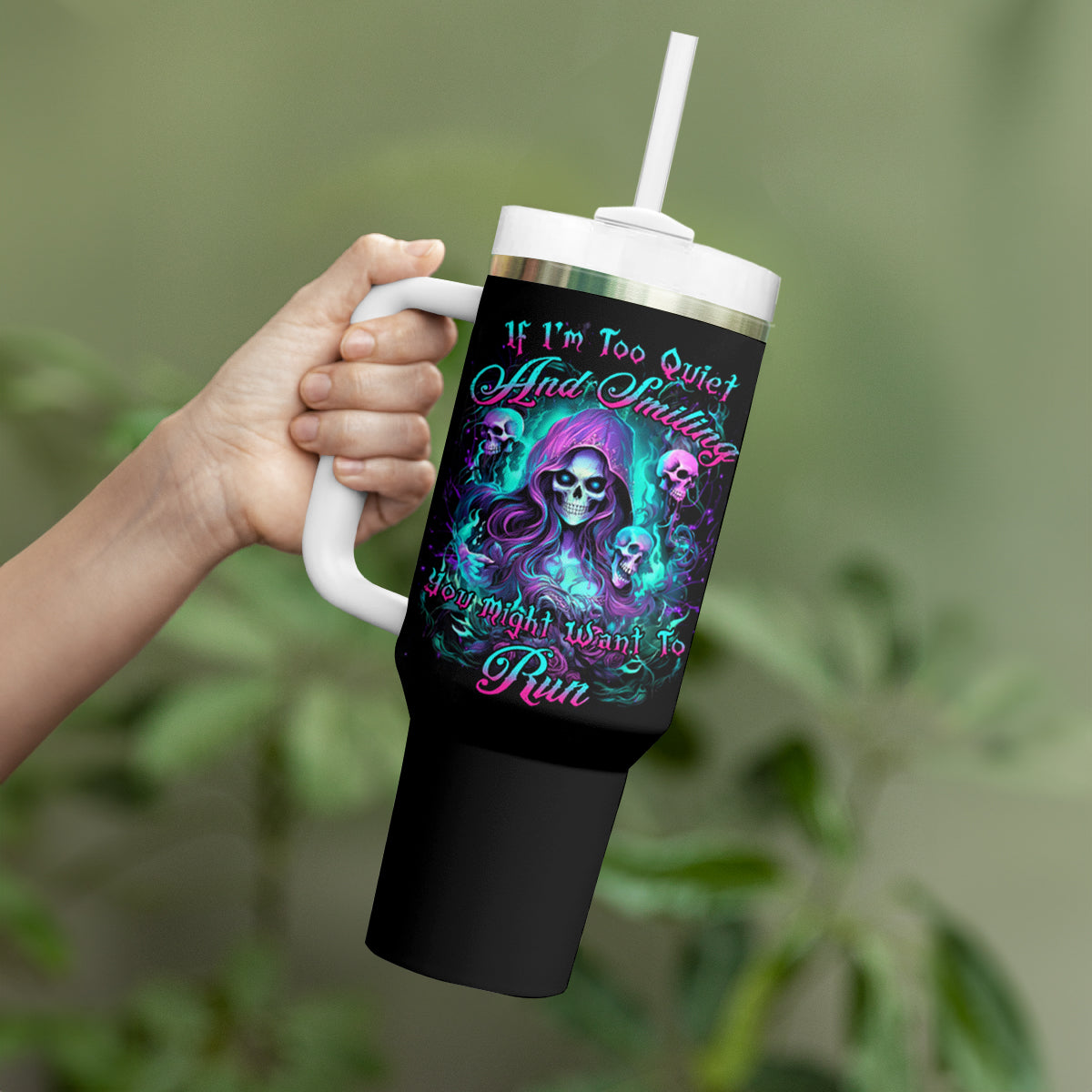 Witch Skull Tumbler With Handle If I'm Too Quiet And Smiling You Might Want To Run