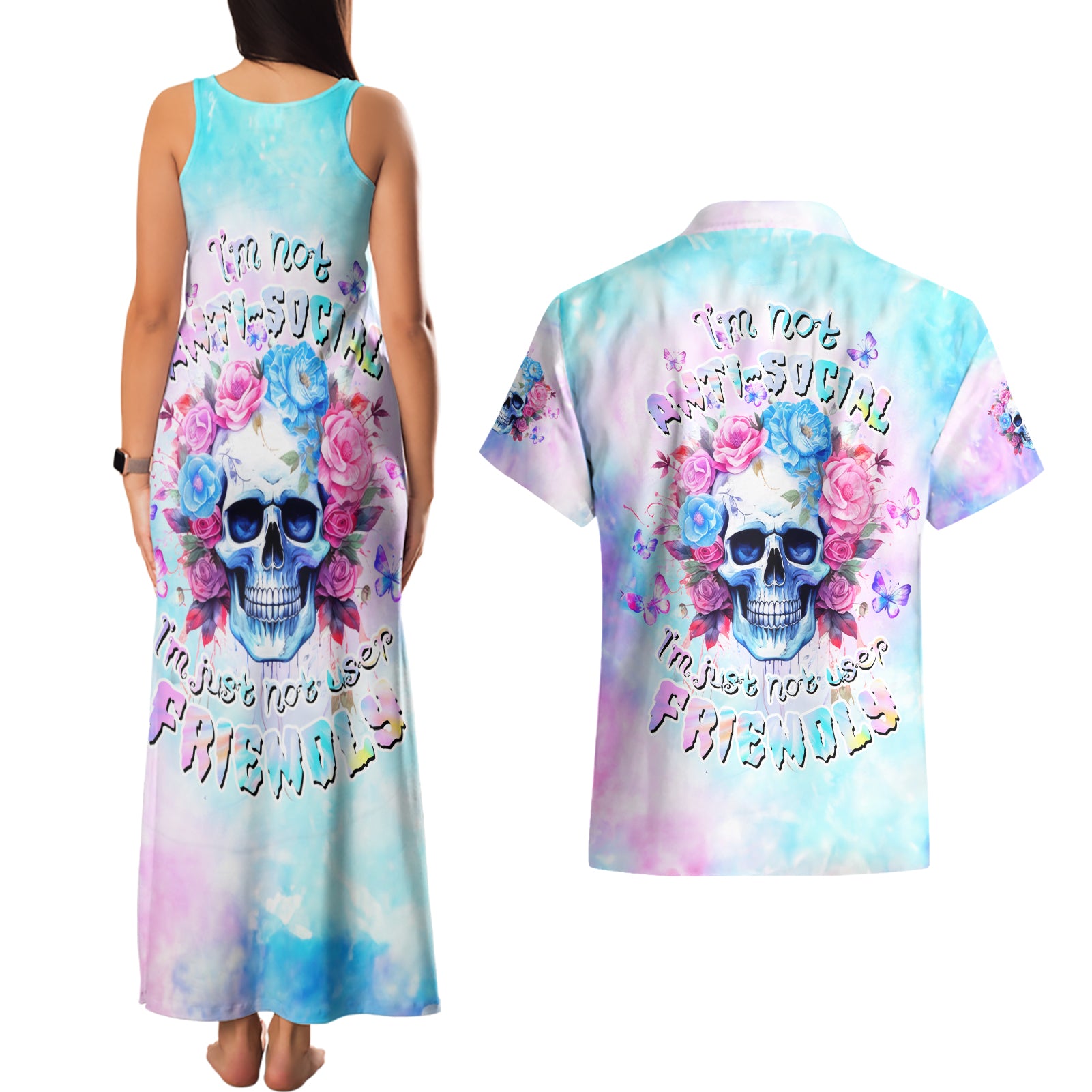 Flower Skull Couples Matching Tank Maxi Dress and Hawaiian Shirt I'm Not Ant-Social I'm Just Not User Friendly