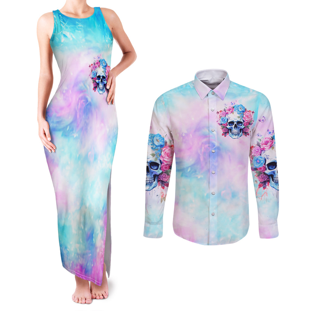 Flower Skull Couples Matching Tank Maxi Dress and Long Sleeve Button Shirt I'm Not Ant-Social I'm Just Not User Friendly
