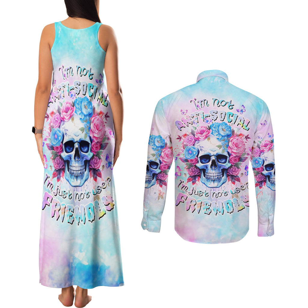 Flower Skull Couples Matching Tank Maxi Dress and Long Sleeve Button Shirt I'm Not Ant-Social I'm Just Not User Friendly