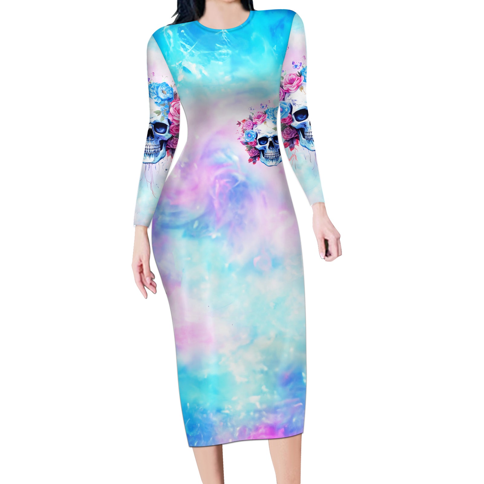 Flower Skull Long Sleeve Bodycon Dress I'm Not Ant-Social I'm Just Not User Friendly