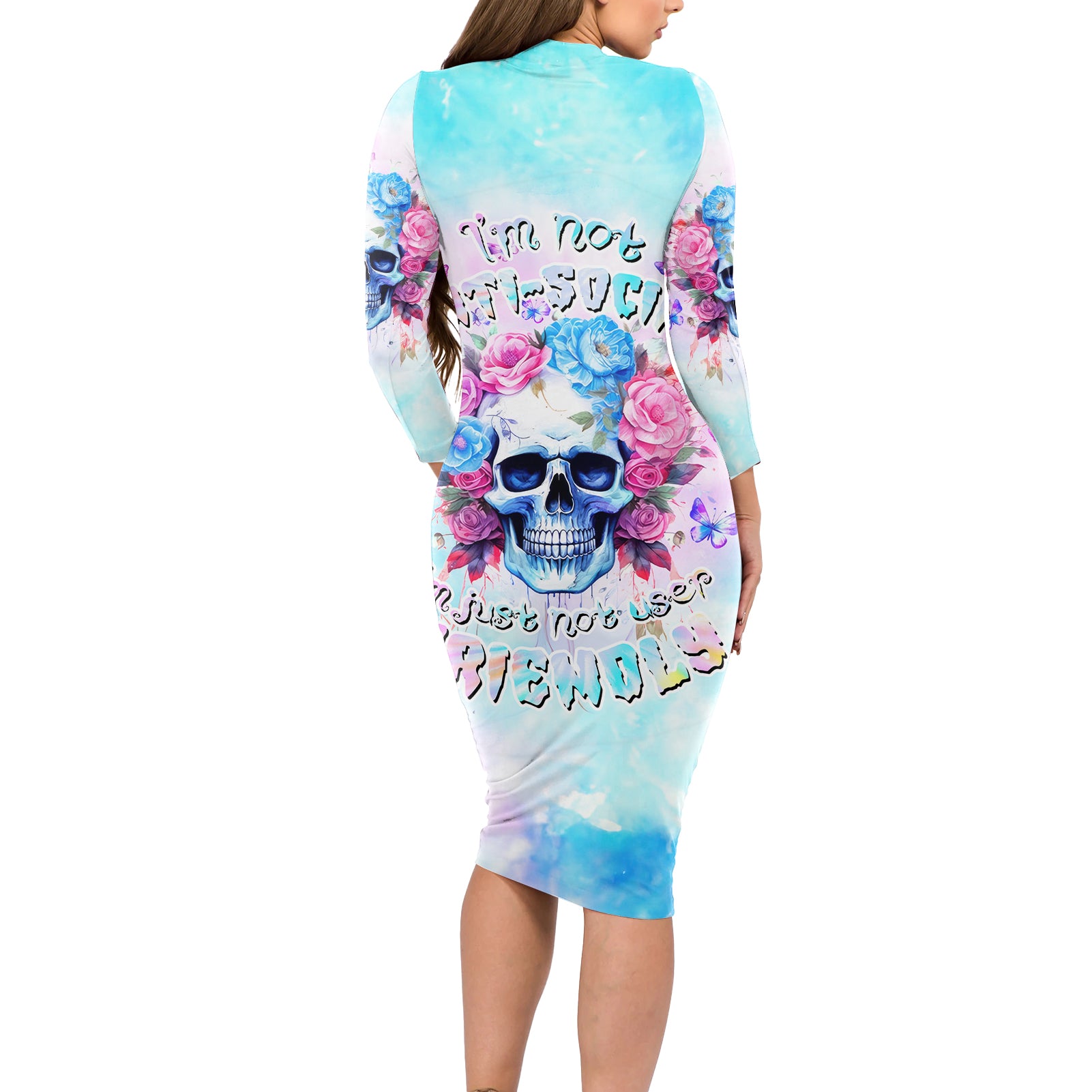 Flower Skull Long Sleeve Bodycon Dress I'm Not Ant-Social I'm Just Not User Friendly