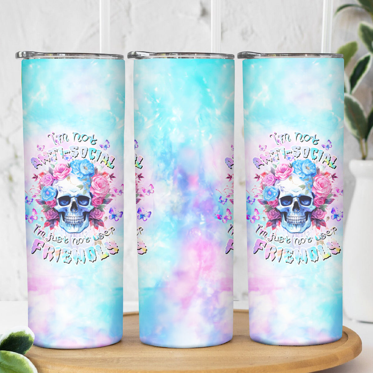 Flower Skull Skinny Tumbler I'm Not Anti-Social I'm Just Not User Friendly