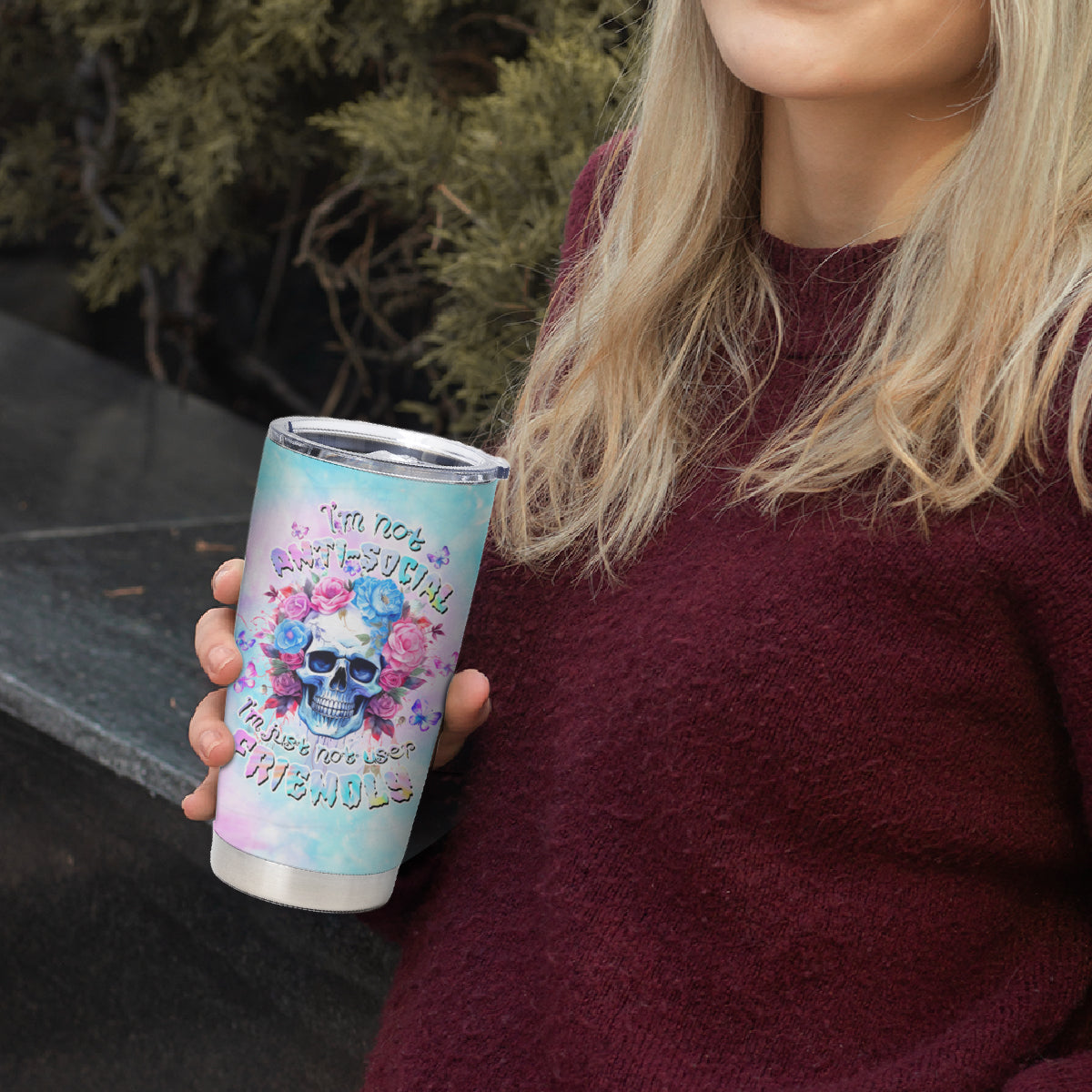 Flower Skull Tumbler Cup I'm Not Anti-Social I'm Just Not User Friendly