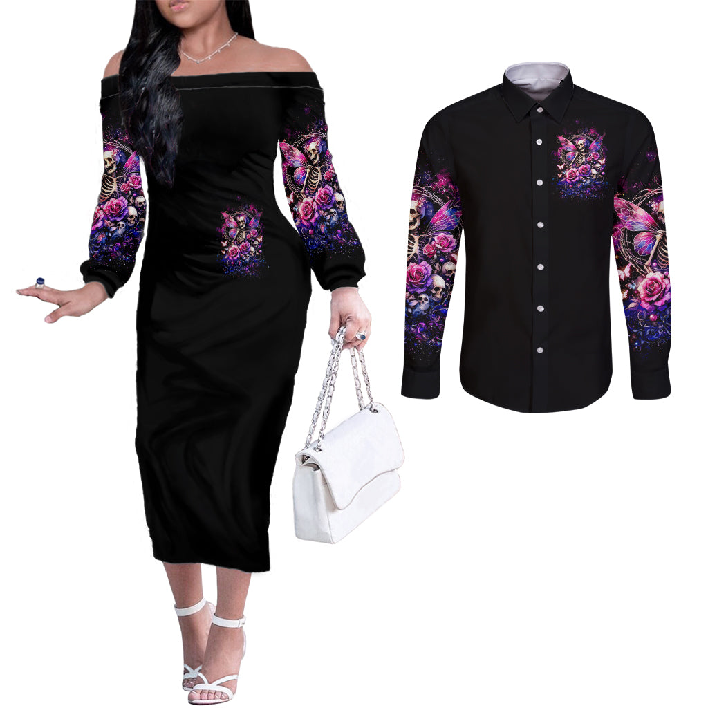 Fairy Skull Couples Matching Off The Shoulder Long Sleeve Dress and Long Sleeve Button Shirt Let Karma Handle Their Fate