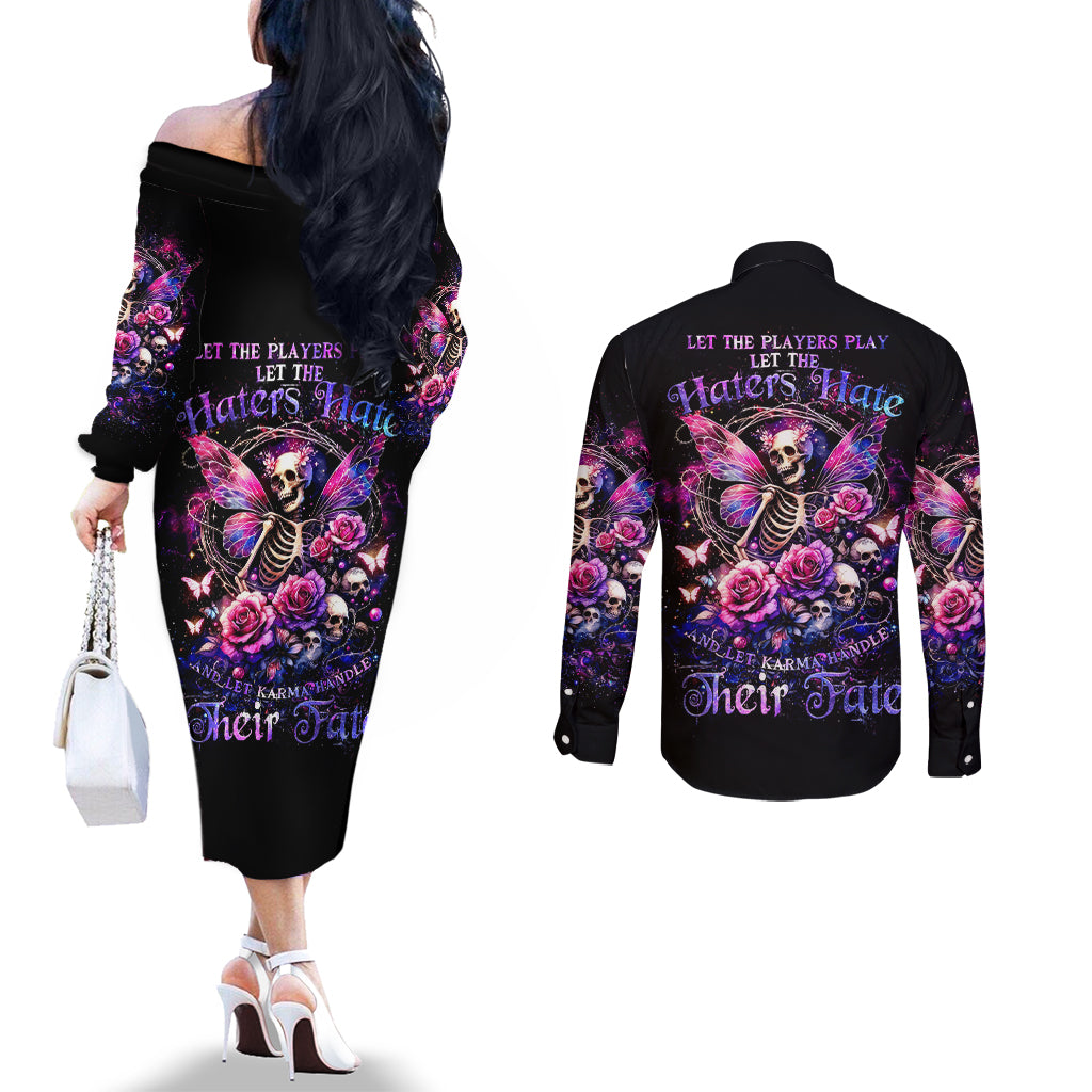 Fairy Skull Couples Matching Off The Shoulder Long Sleeve Dress and Long Sleeve Button Shirt Let Karma Handle Their Fate