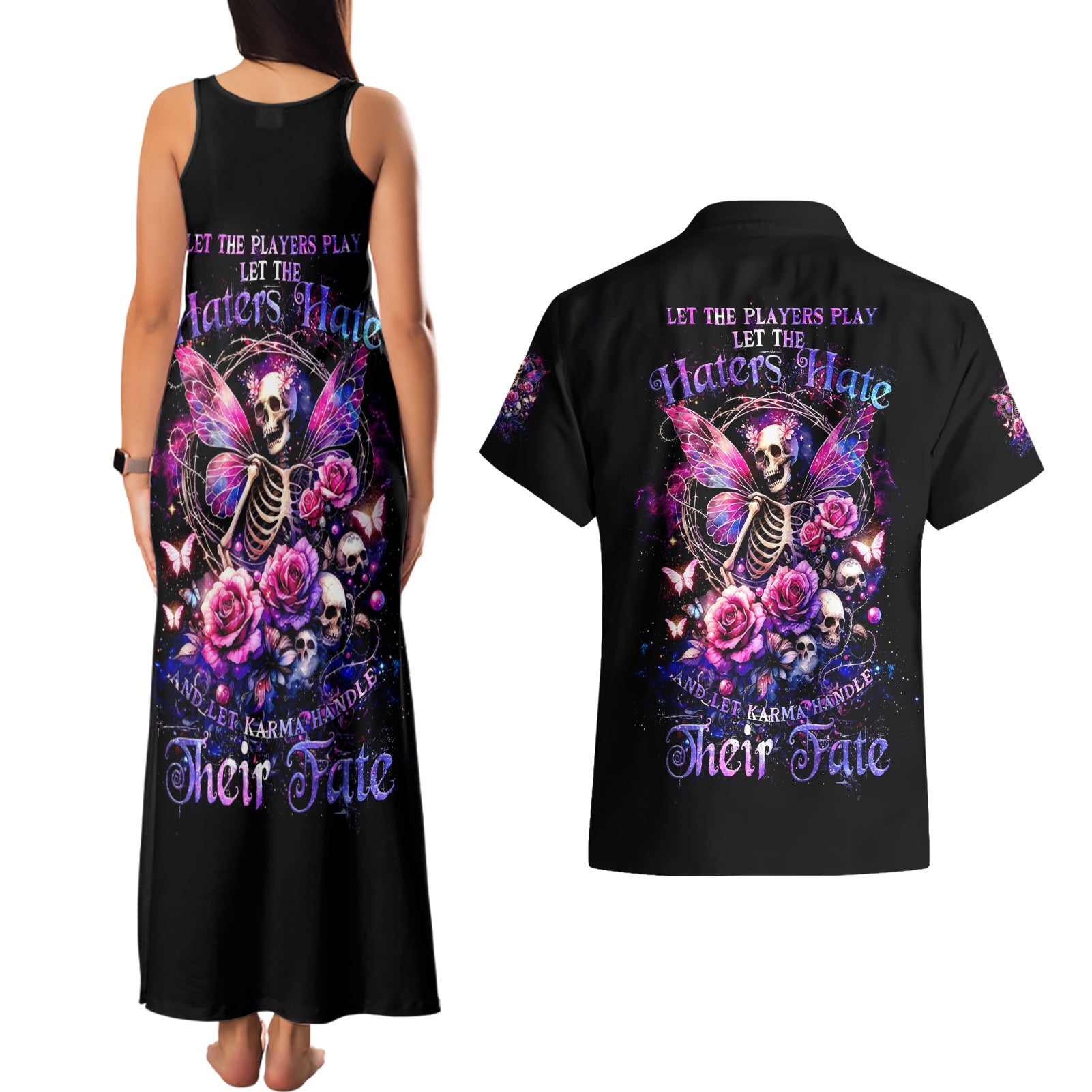 Fairy Skull Couples Matching Tank Maxi Dress and Hawaiian Shirt Let Karma Handle Their Fate