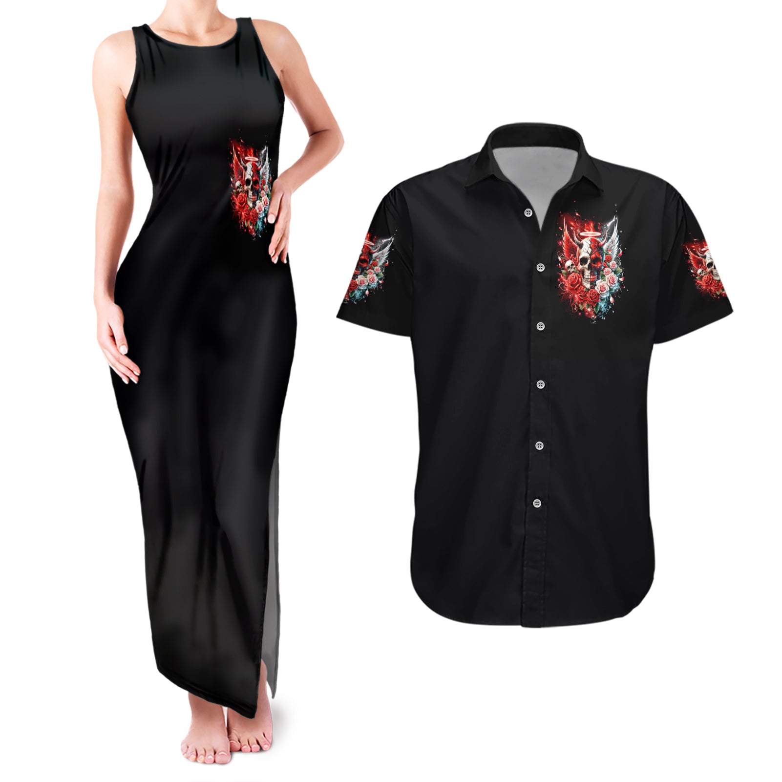 Evil Angel Skull Couples Matching Tank Maxi Dress and Hawaiian Shirt Even The Devil Was Once An Angel