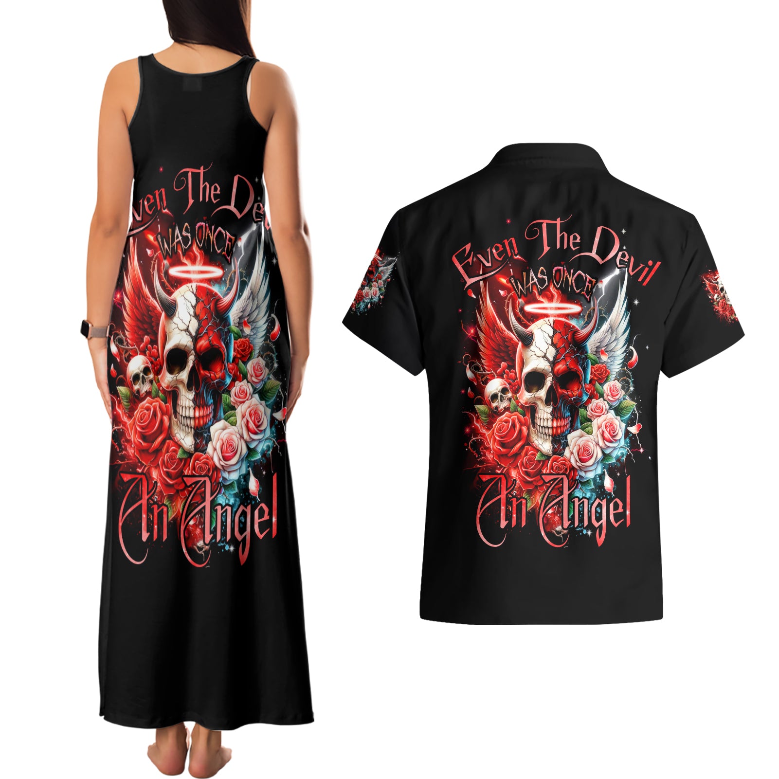 Evil Angel Skull Couples Matching Tank Maxi Dress and Hawaiian Shirt Even The Devil Was Once An Angel