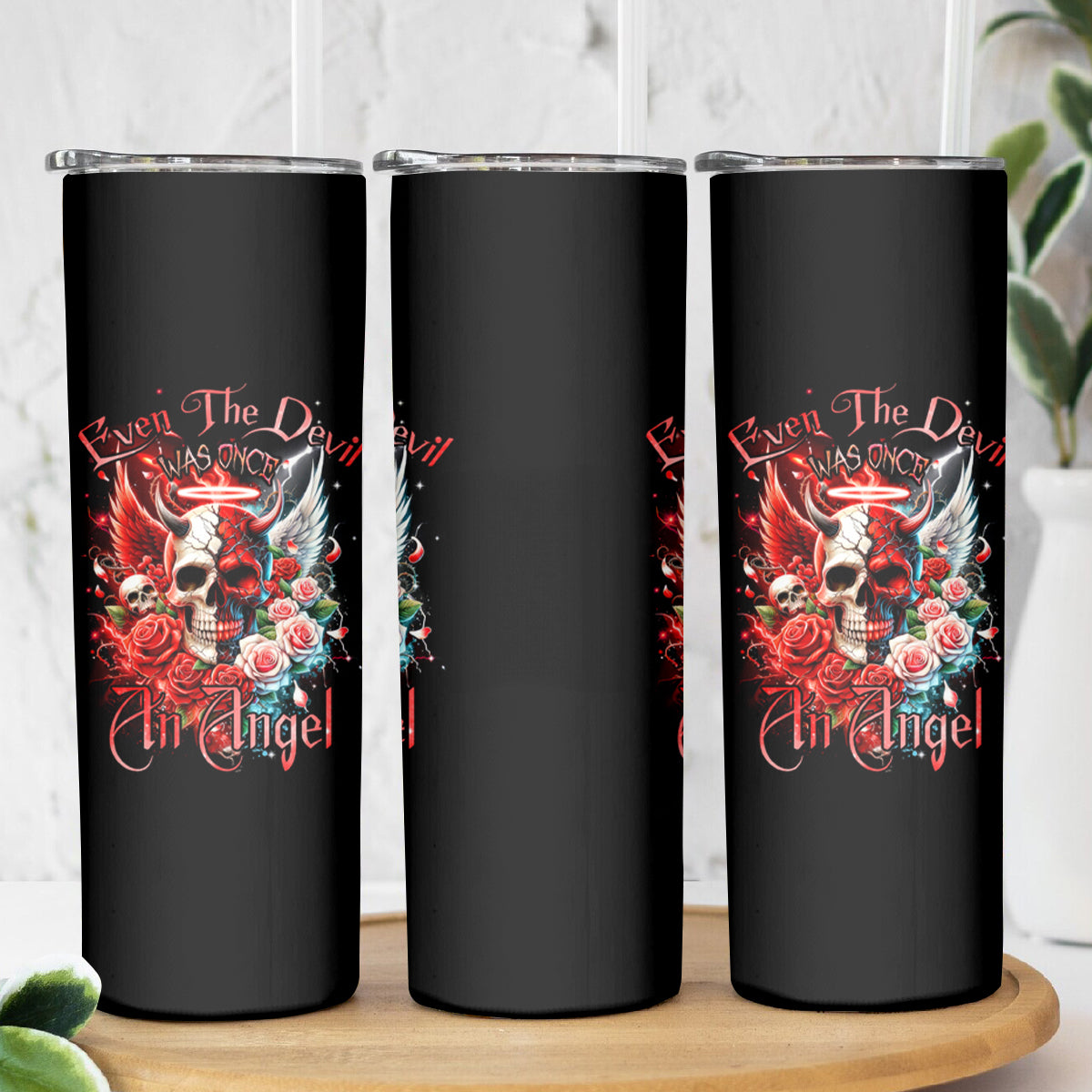 Evil Angel Skull Skinny Tumbler Even The Devil Was Once An Angel