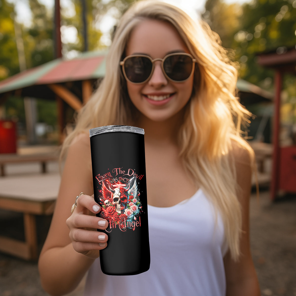 Evil Angel Skull Skinny Tumbler Even The Devil Was Once An Angel