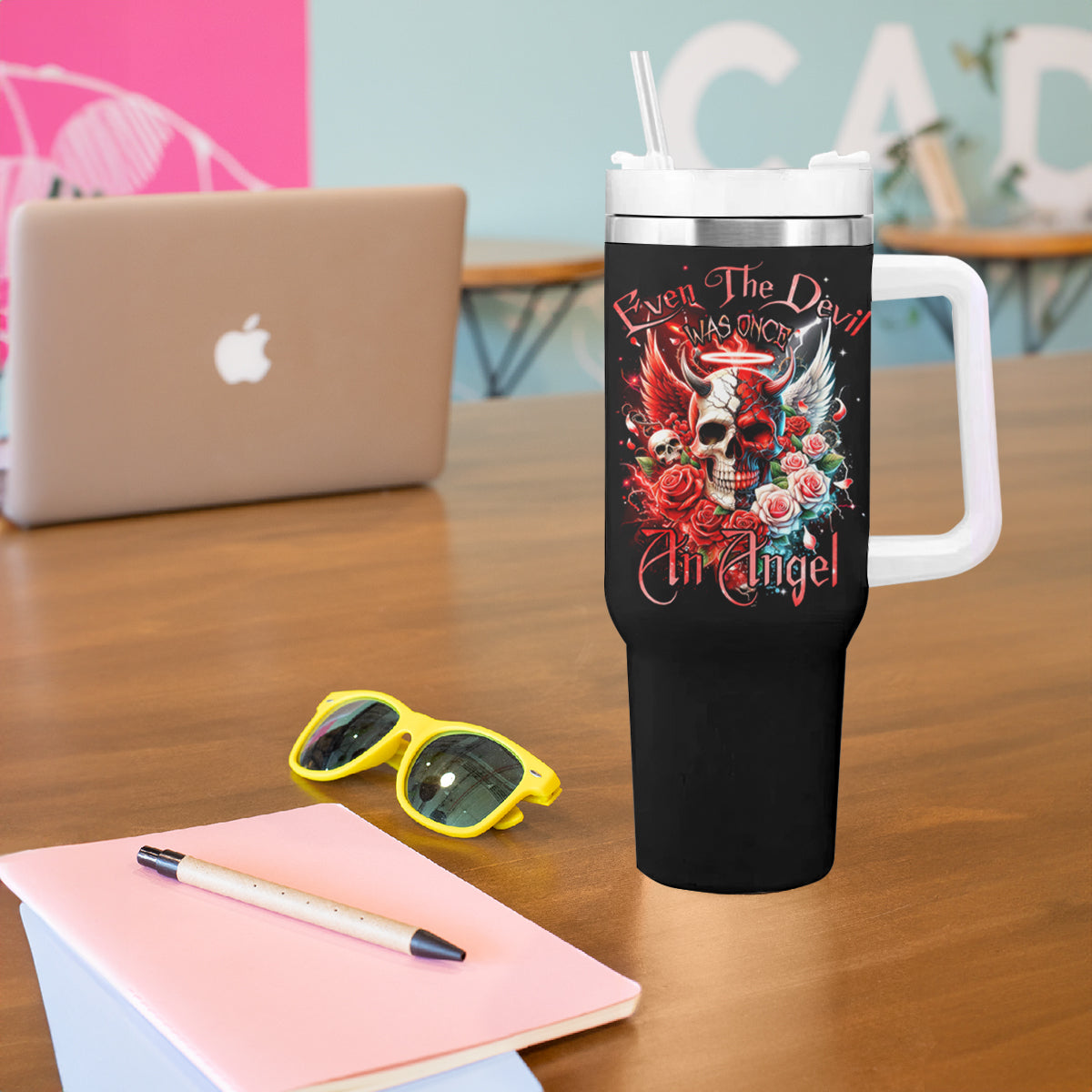Evil Angel Skull Tumbler With Handle Even The Devil Was Once An Angel