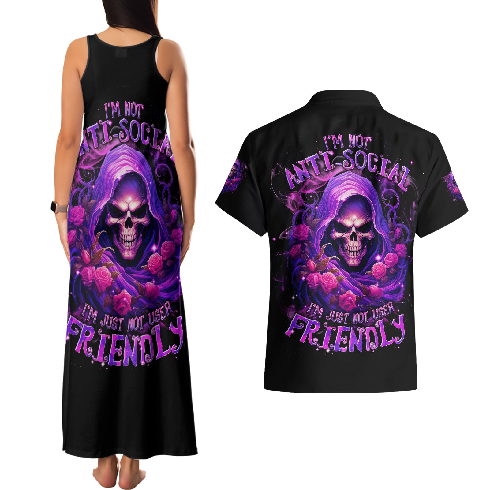 Reaper Skull Couples Matching Tank Maxi Dress and Hawaiian Shirt I'm Not Ant-Social I'm Just Not User Friendly