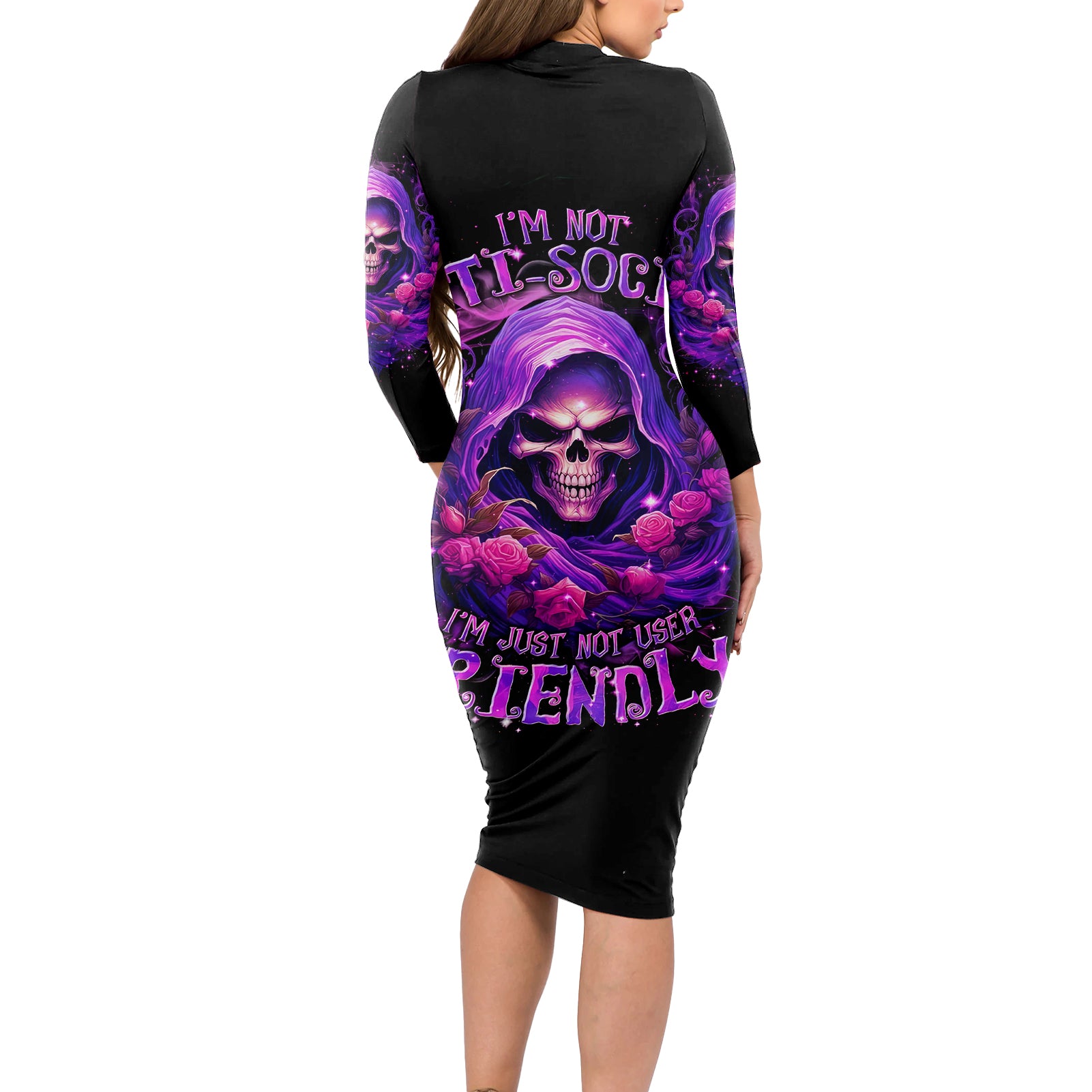 Reaper Skull Long Sleeve Bodycon Dress I'm Not Ant-Social I'm Just Not User Friendly