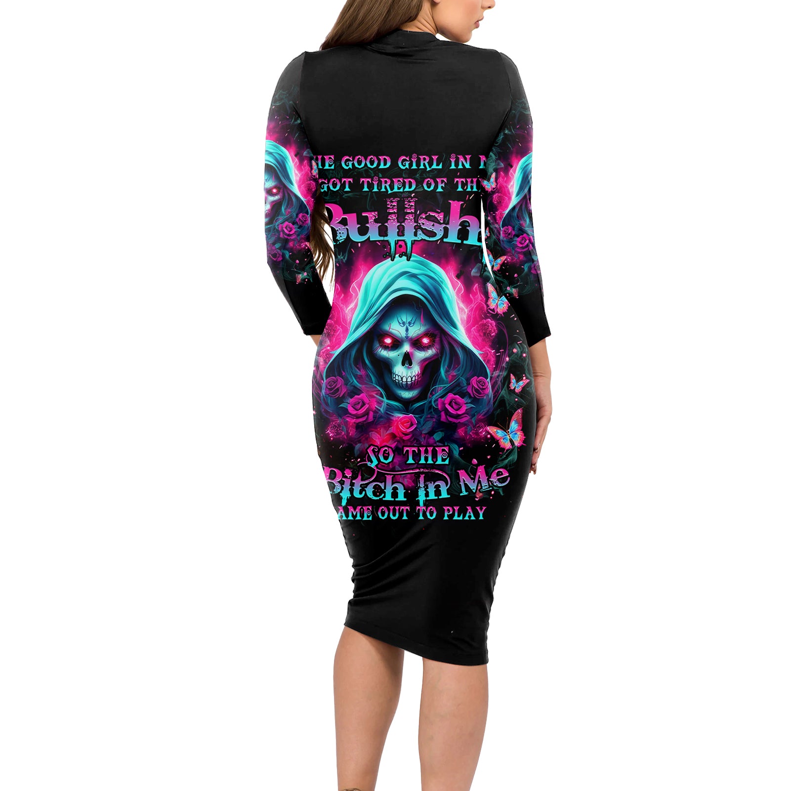 Witch Skull Long Sleeve Bodycon Dress The Good Girl In Me Got Tired Of The Bullshit