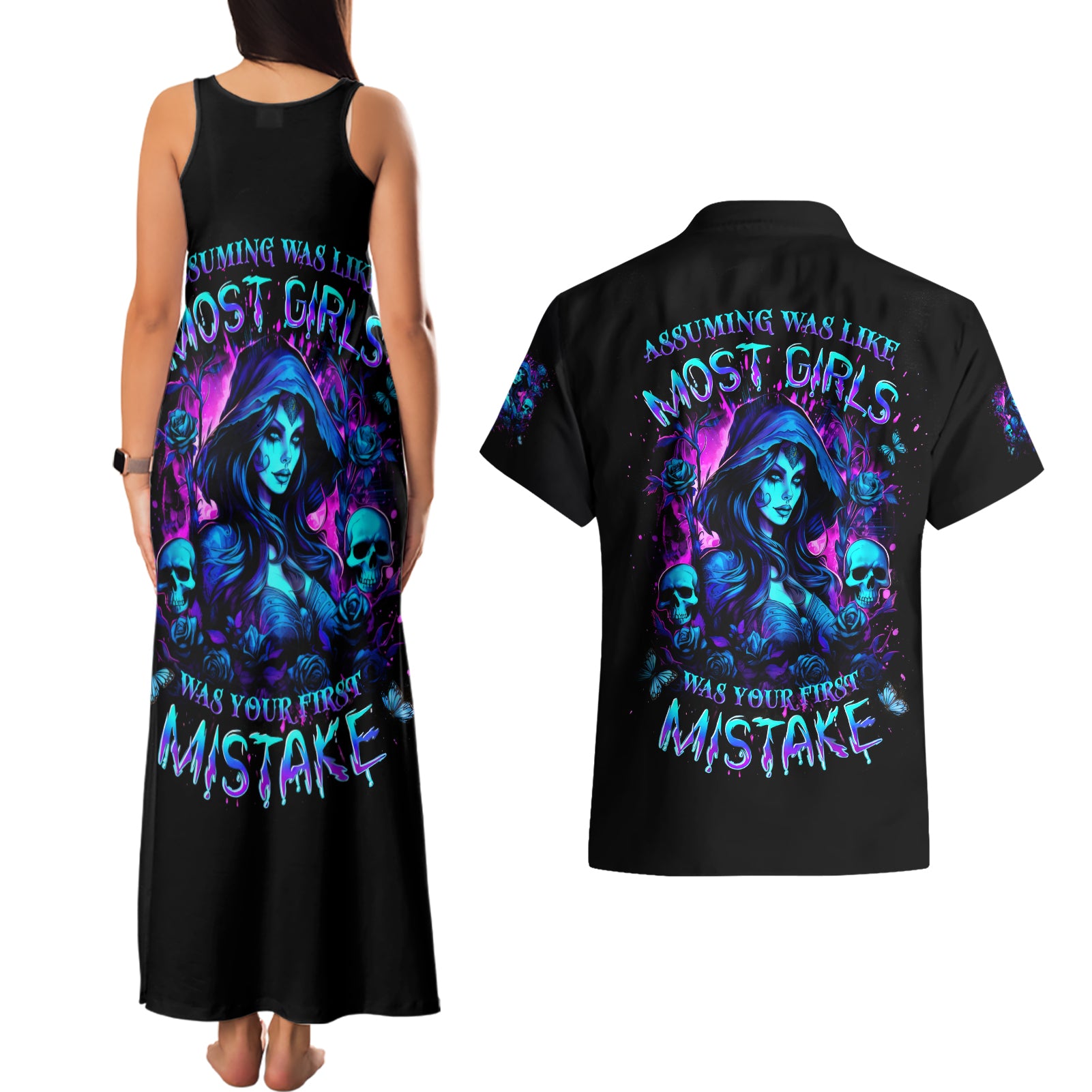 Witch Skull Couples Matching Tank Maxi Dress and Hawaiian Shirt Assuming Was Like Most Girls Was Your First Mistake