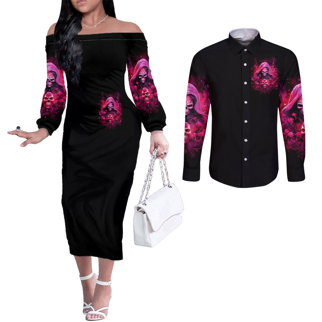Witch Skull Couples Matching Off The Shoulder Long Sleeve Dress and Long Sleeve Button Shirt I'm Not Ant-Social I'm Just Not User Friendly