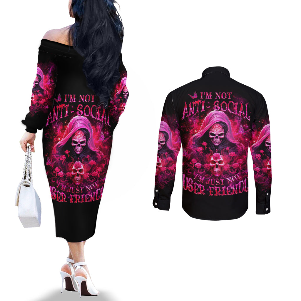 Witch Skull Couples Matching Off The Shoulder Long Sleeve Dress and Long Sleeve Button Shirt I'm Not Ant-Social I'm Just Not User Friendly