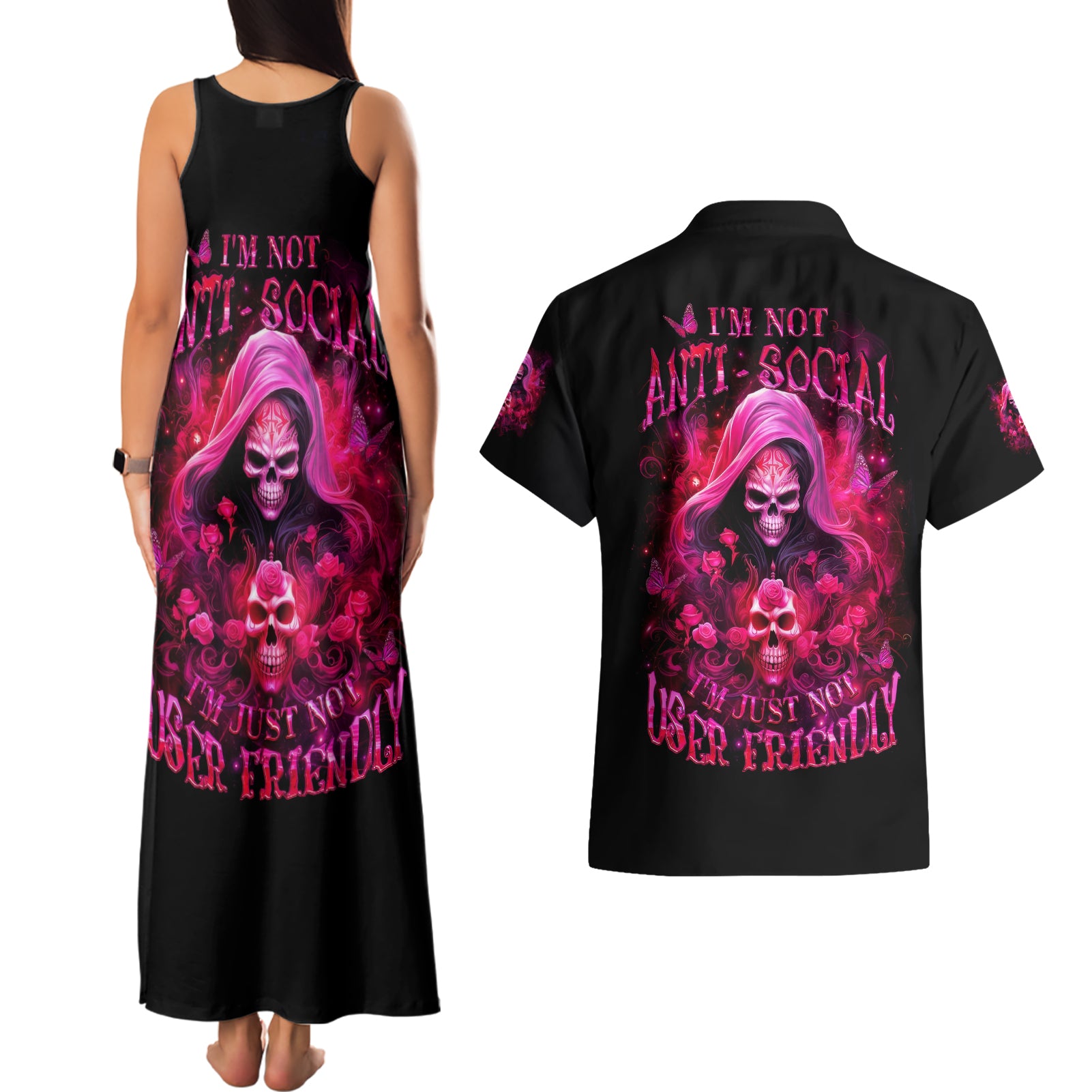 Witch Skull Couples Matching Tank Maxi Dress and Hawaiian Shirt I'm Not Ant-Social I'm Just Not User Friendly