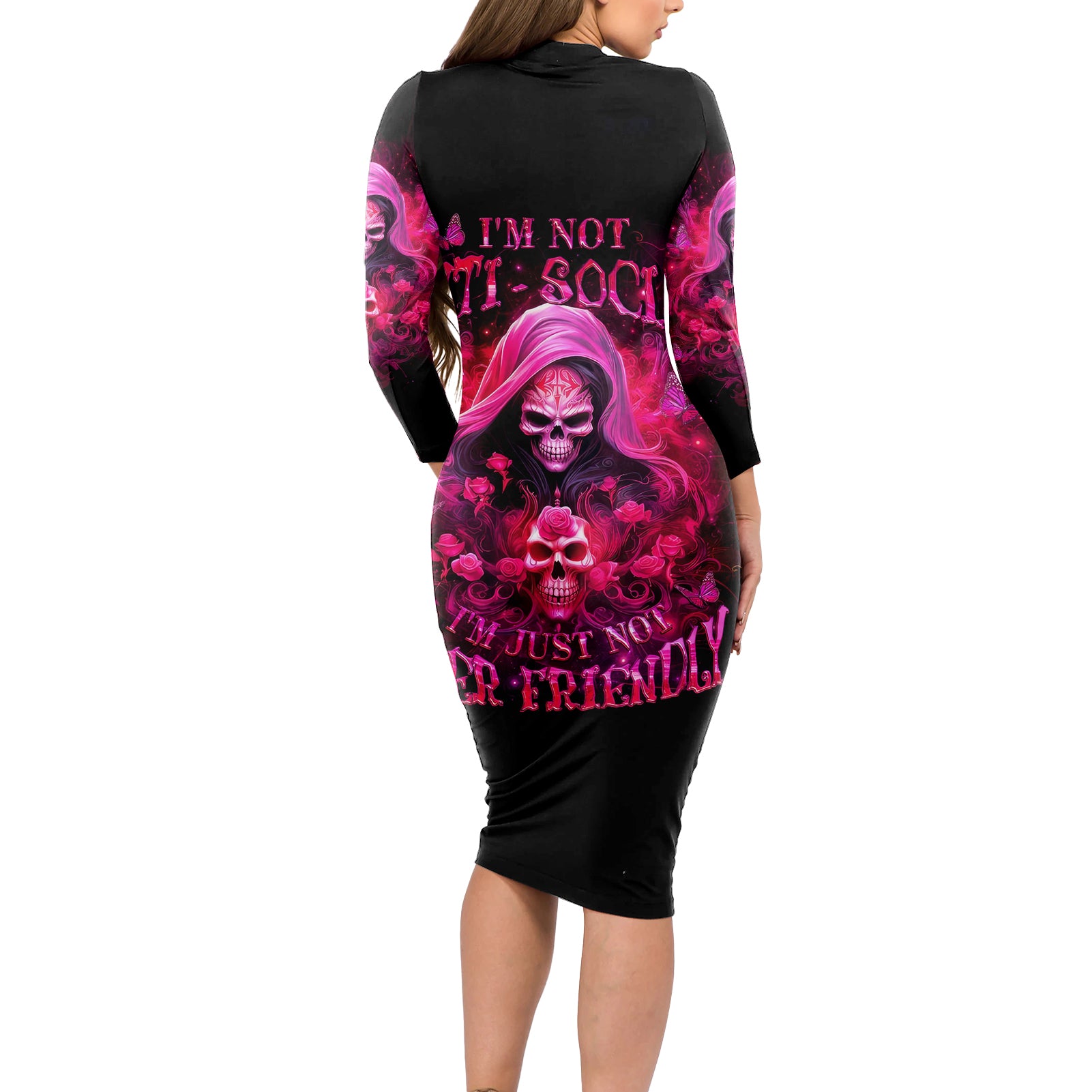 Witch Skull Long Sleeve Bodycon Dress I'm Not Ant-Social I'm Just Not User Friendly