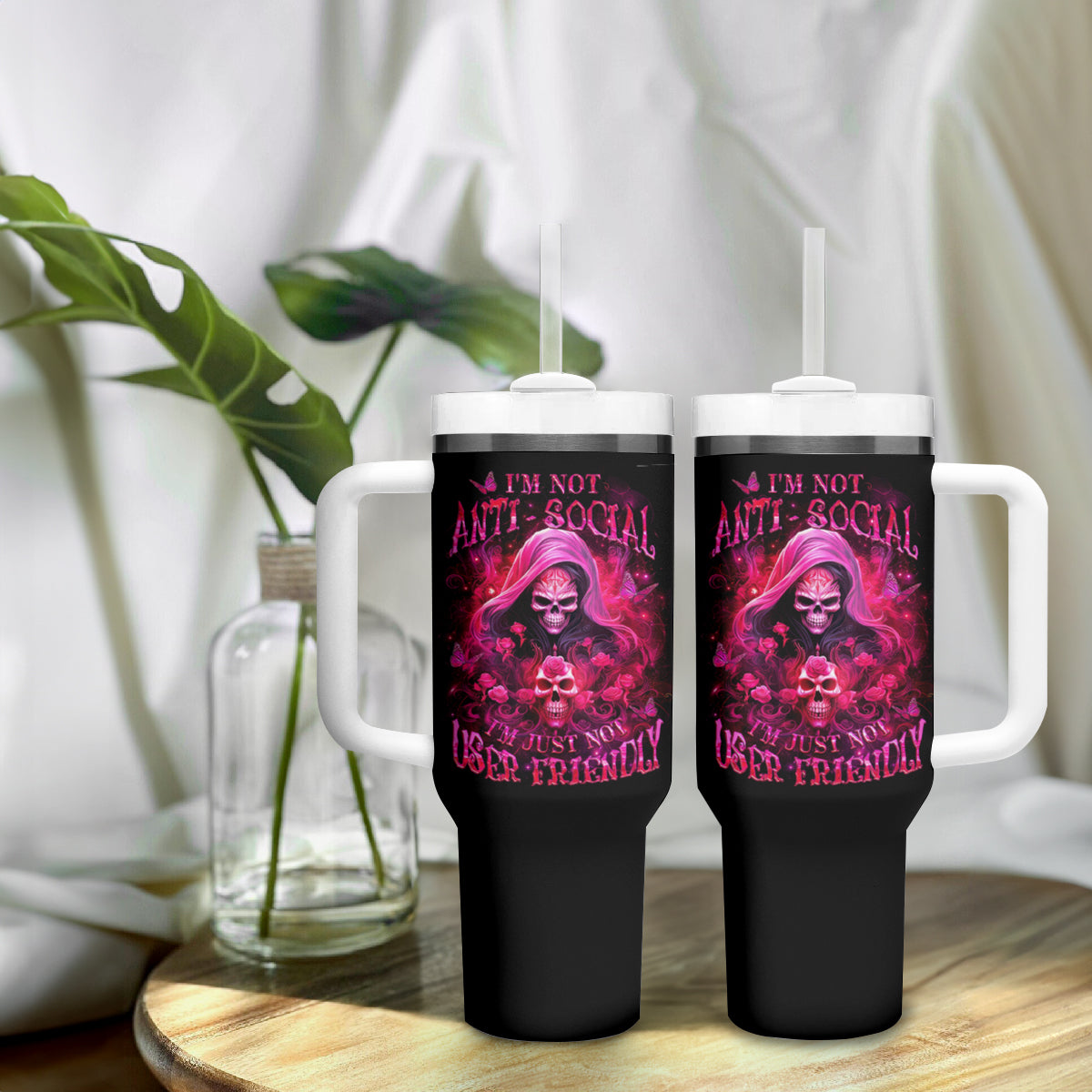 Witch Skull Tumbler With Handle I'm Not Anti-Social I'm Just Not User Friendly