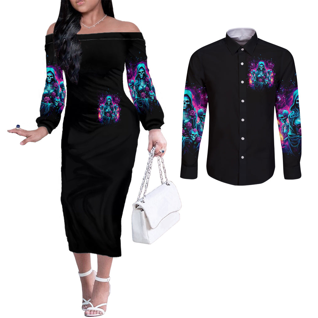 Witch Skull Couples Matching Off The Shoulder Long Sleeve Dress and Long Sleeve Button Shirt I Have 3 Sides And The Side You Never Want To See