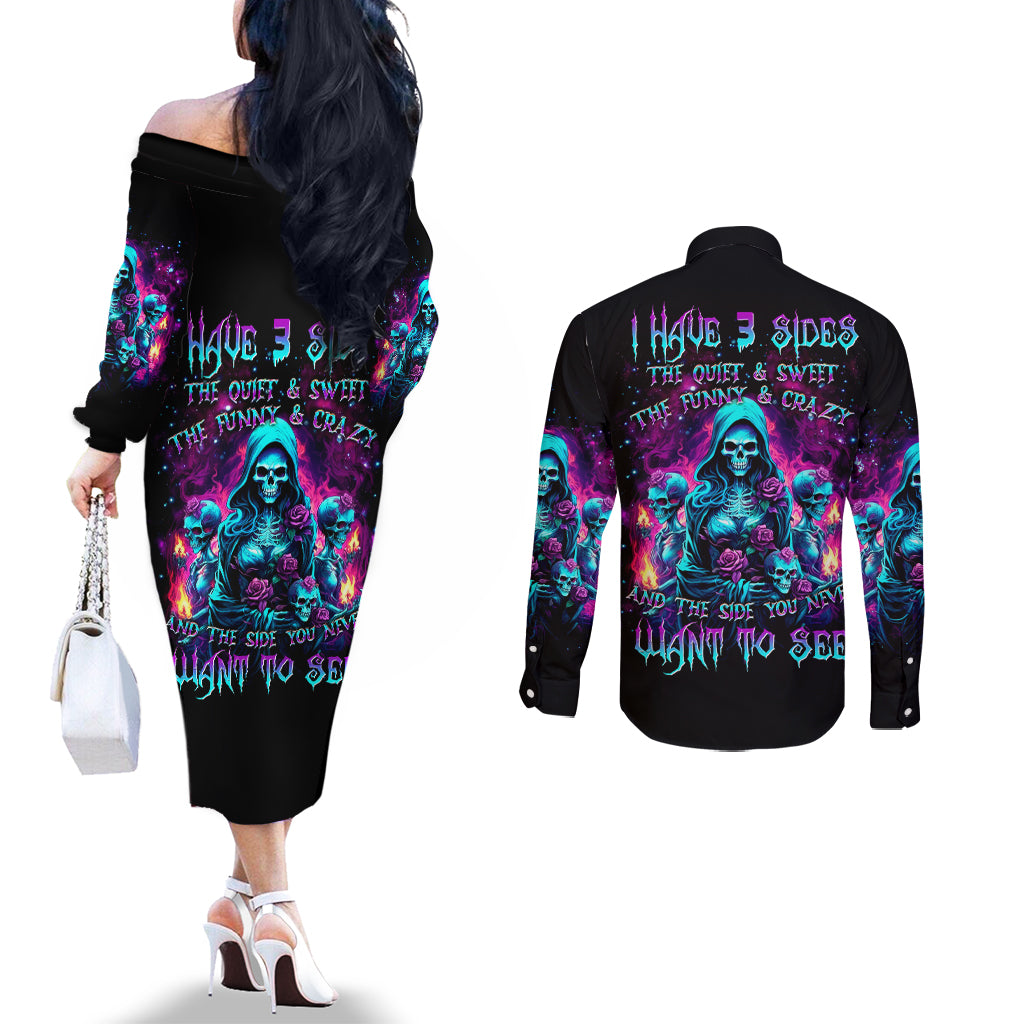Witch Skull Couples Matching Off The Shoulder Long Sleeve Dress and Long Sleeve Button Shirt I Have 3 Sides And The Side You Never Want To See