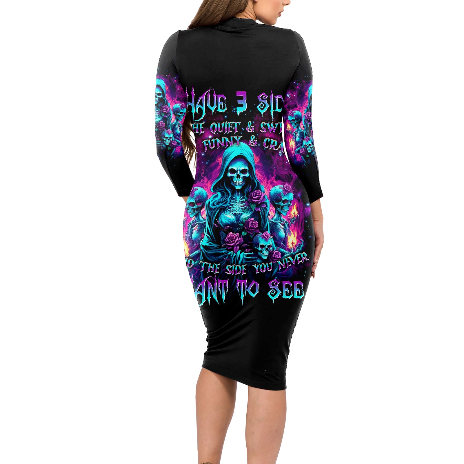 Witch Skull Long Sleeve Bodycon Dress I Have 3 Sides And The Side You Never Want To See