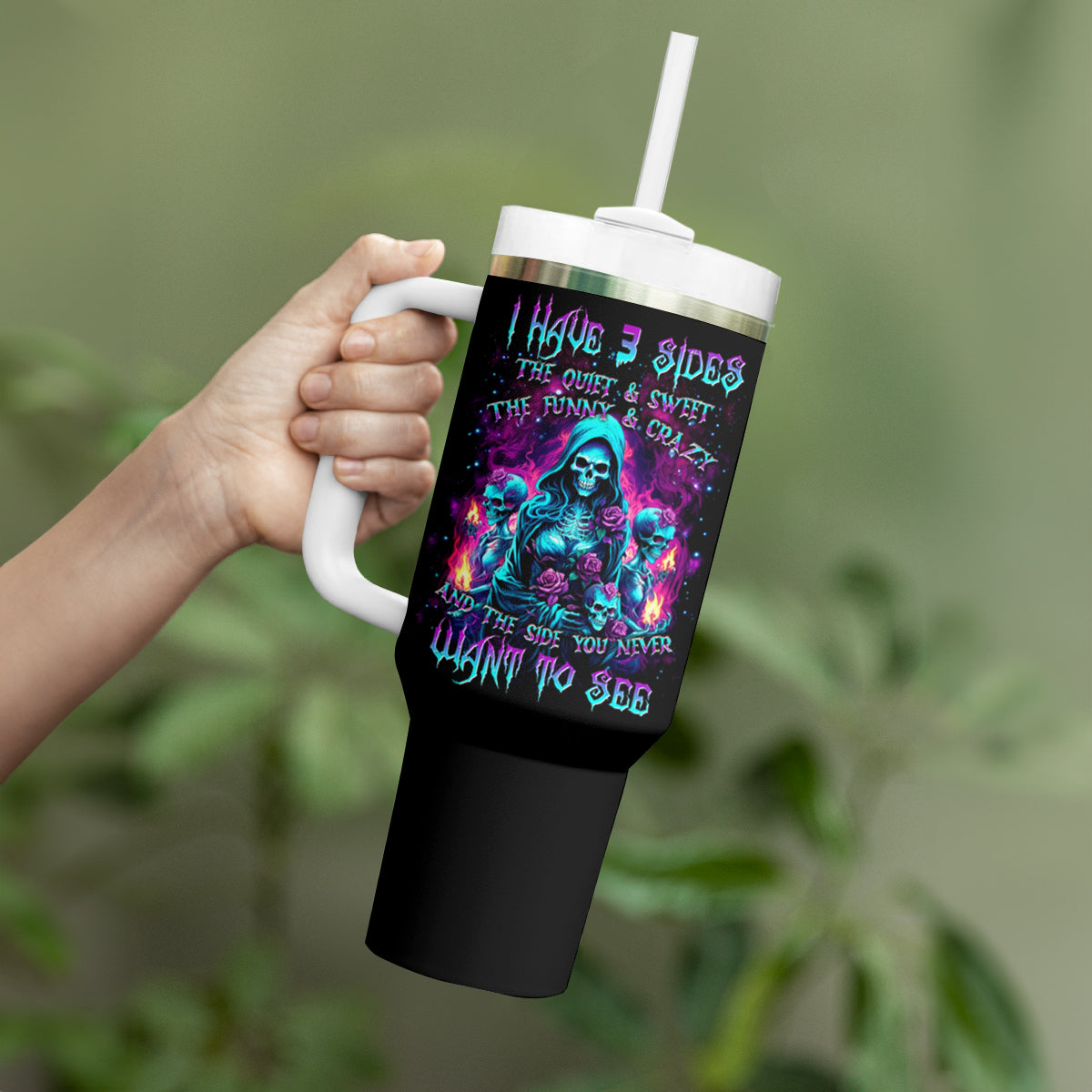 Witch Skull Tumbler With Handle I Have 3 Sides And The Side You Never Want To See