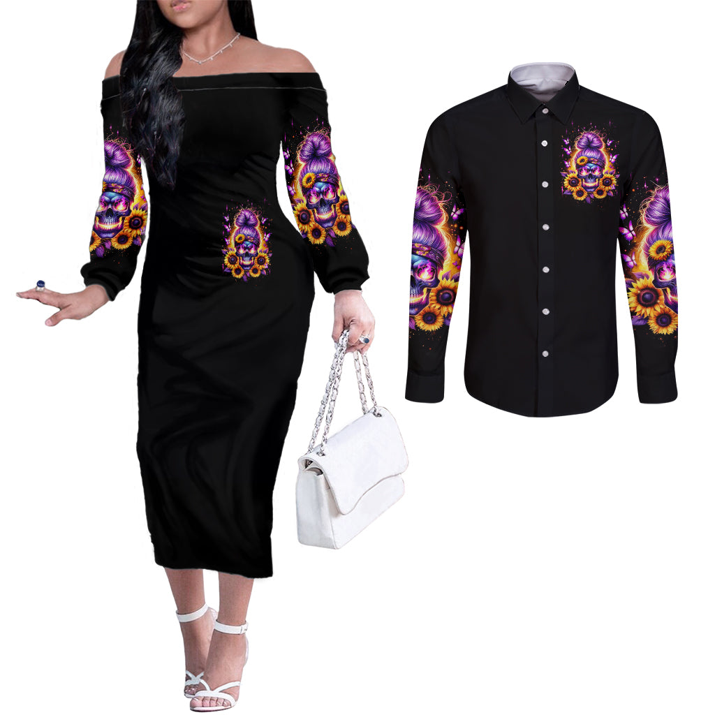 Sunflower Skull Couples Matching Off The Shoulder Long Sleeve Dress and Long Sleeve Button Shirt She Is Sunshine Mixed With A Little Hurricane
