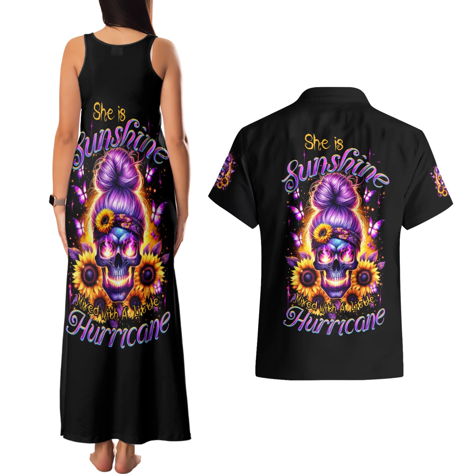Sunflower Skull Couples Matching Tank Maxi Dress and Hawaiian Shirt She Is Sunshine Mixed With A Little Hurricane