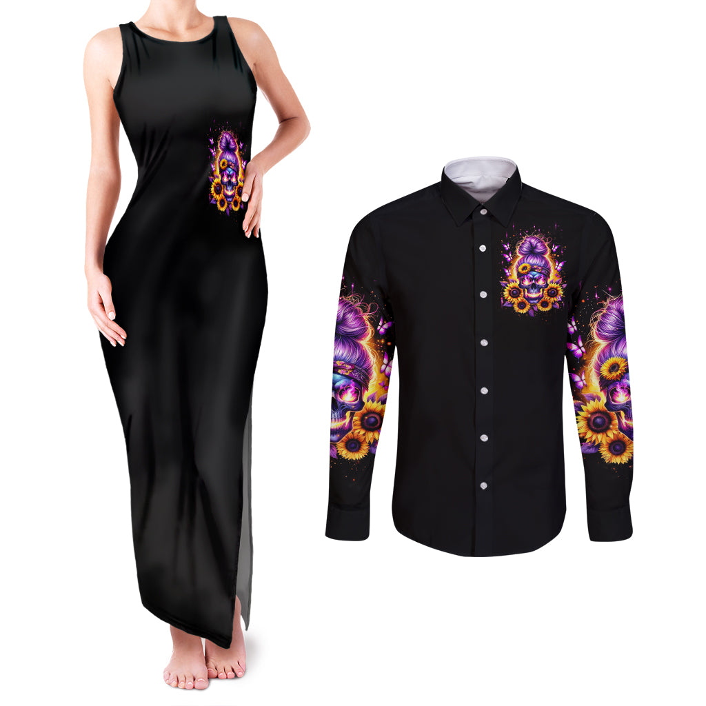 Sunflower Skull Couples Matching Tank Maxi Dress and Long Sleeve Button Shirt She Is Sunshine Mixed With A Little Hurricane