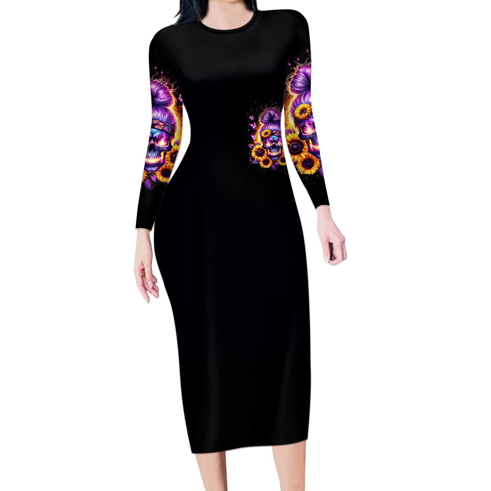 Sunflower Skull Long Sleeve Bodycon Dress She Is Sunshine Mixed With A Little Hurricane