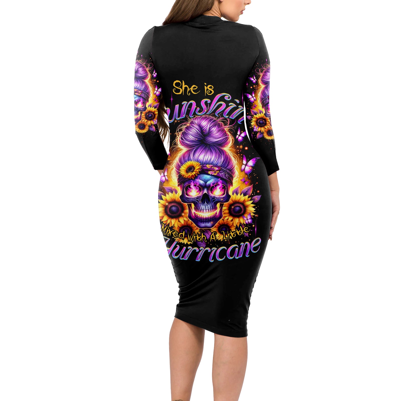 Sunflower Skull Long Sleeve Bodycon Dress She Is Sunshine Mixed With A Little Hurricane