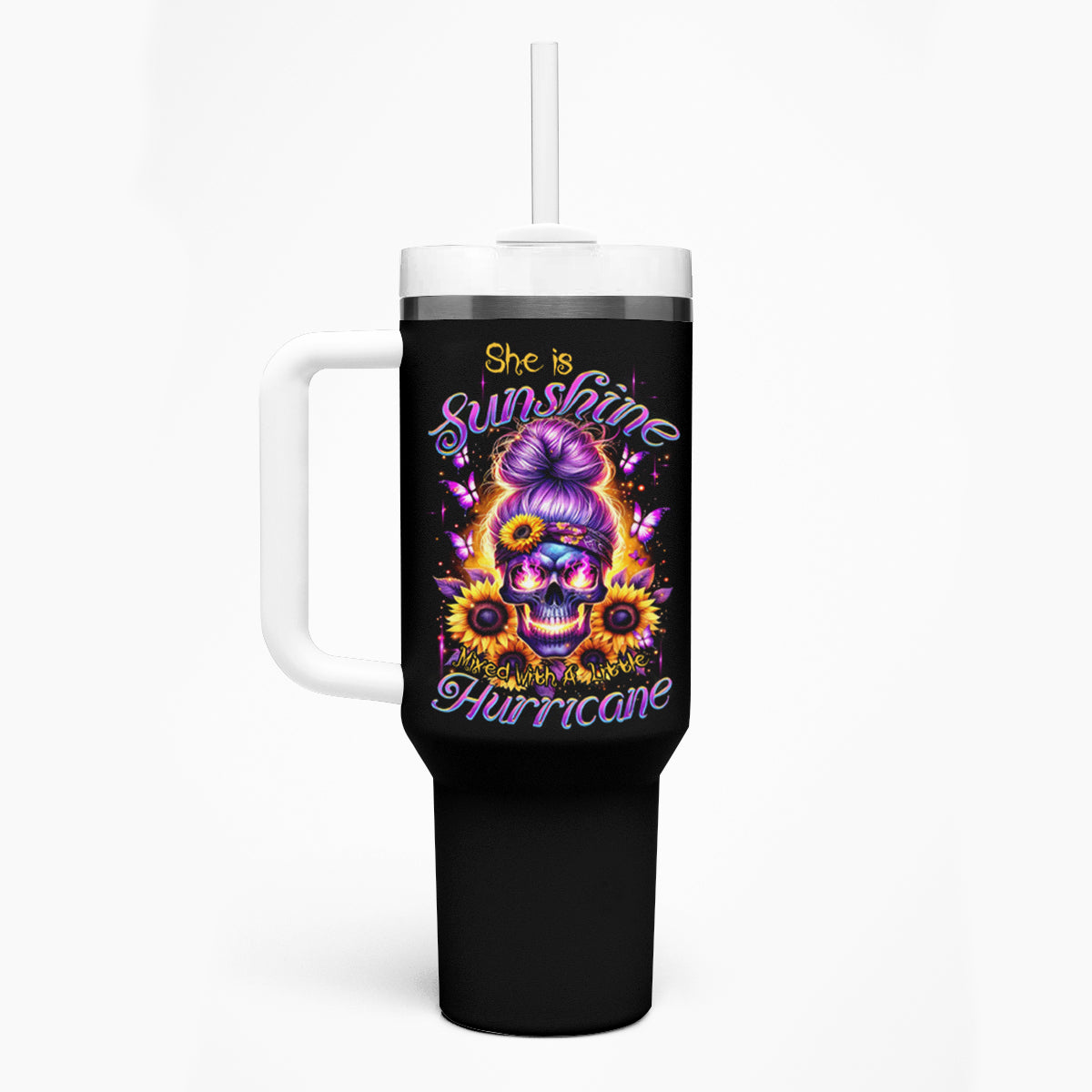 Sunflower Skull Tumbler With Handle She Is Sunshine Mixed With A Little Hurricane