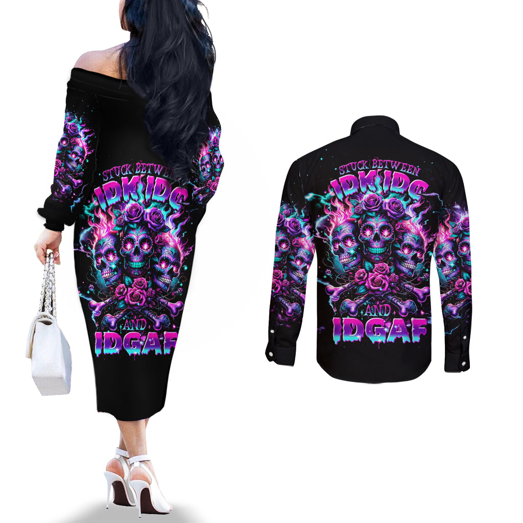 Flower Skull Couples Matching Off The Shoulder Long Sleeve Dress and Long Sleeve Button Shirt Stuck Between IDK IDC