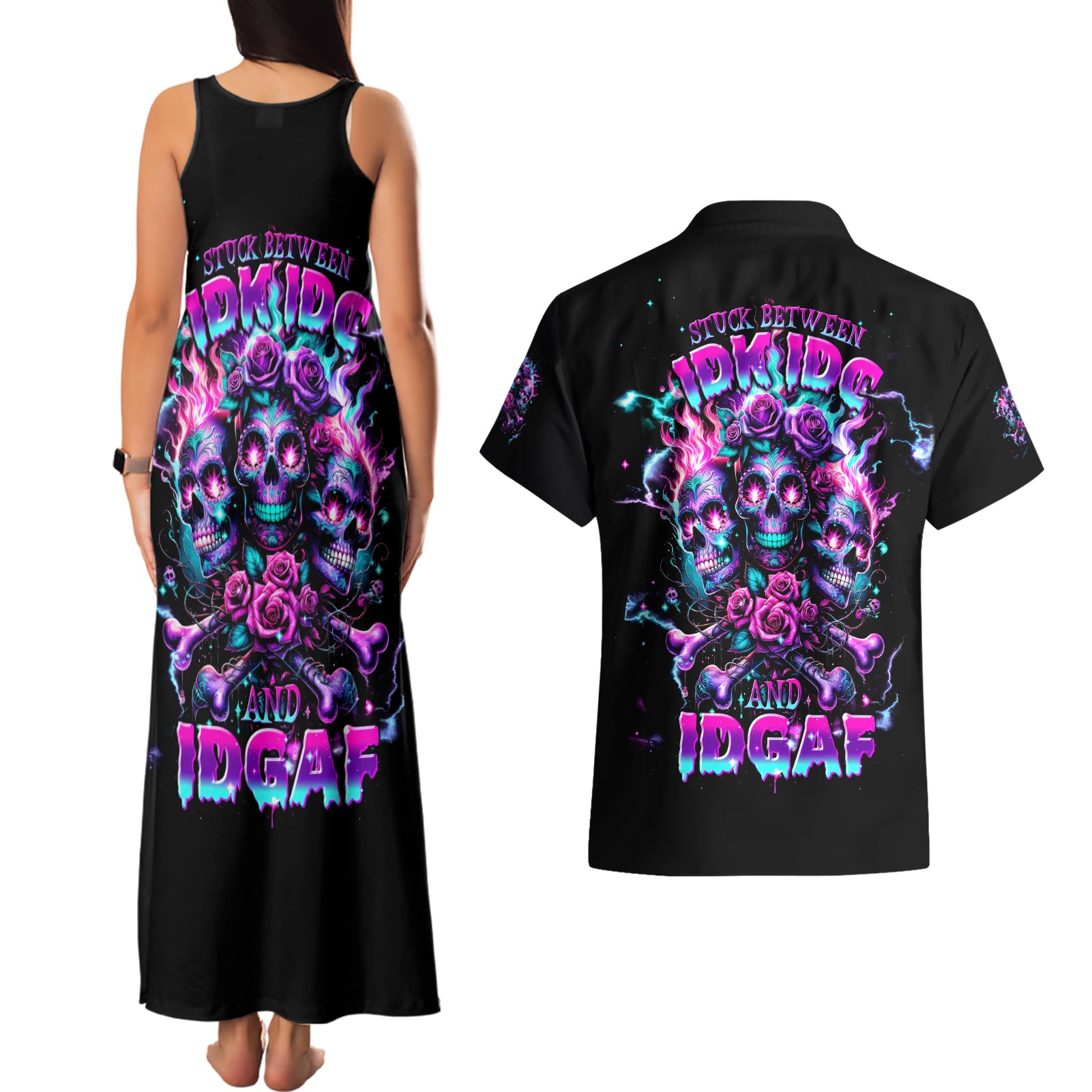 Flower Skull Couples Matching Tank Maxi Dress and Hawaiian Shirt Stuck Between IDK IDC