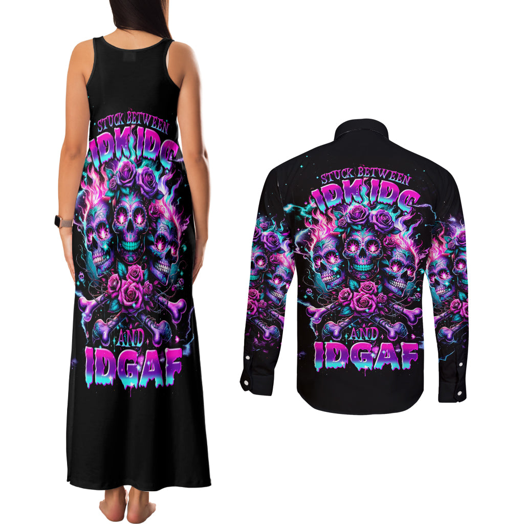 Flower Skull Couples Matching Tank Maxi Dress and Long Sleeve Button Shirt Stuck Between IDK IDC