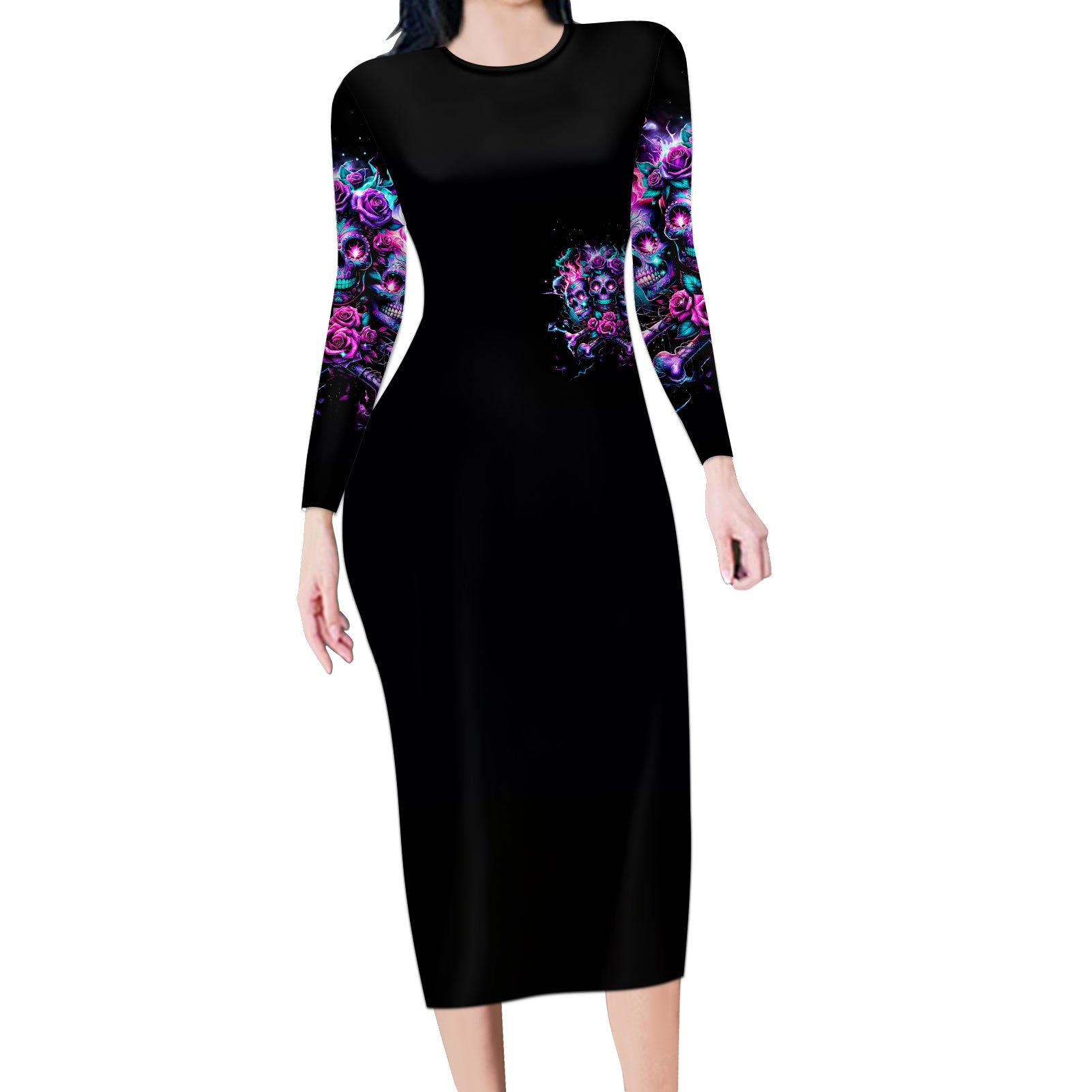 Flower Skull Long Sleeve Bodycon Dress Stuck Between IDK IDC