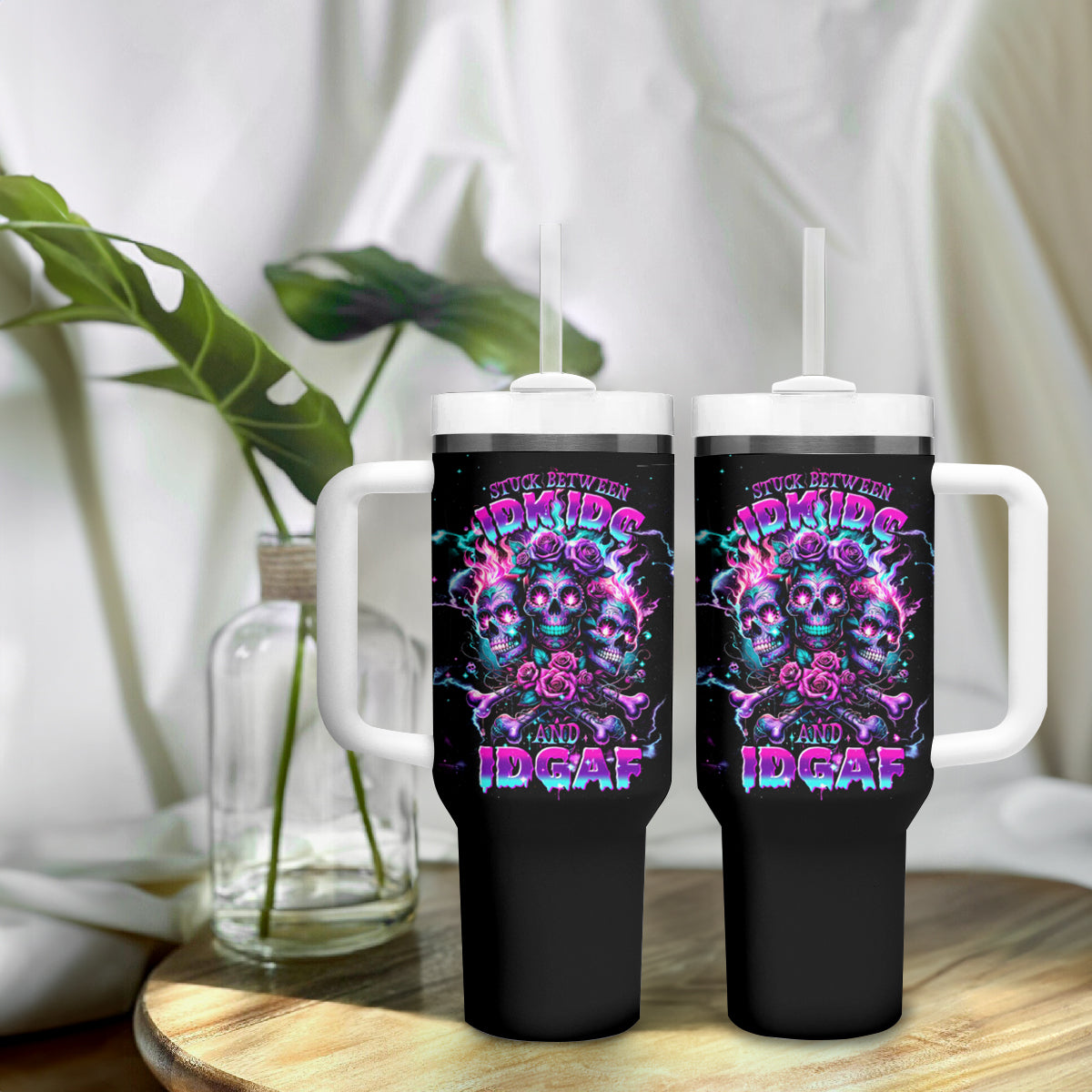 Flower Skull Tumbler With Handle Stuck Between IDK IDC