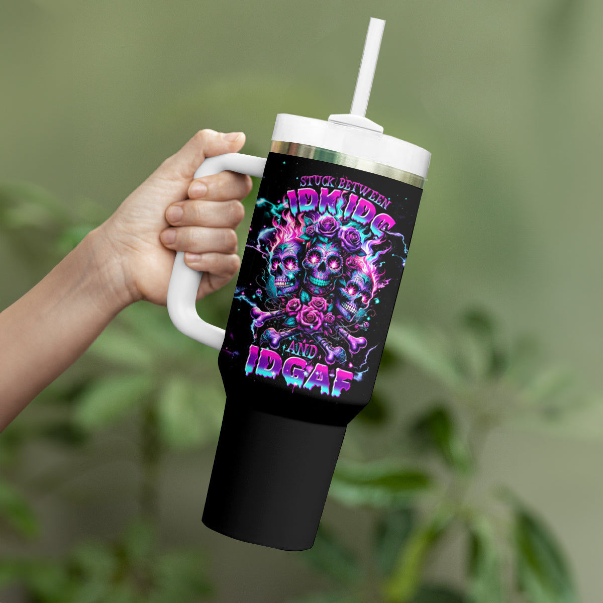 Flower Skull Tumbler With Handle Stuck Between IDK IDC