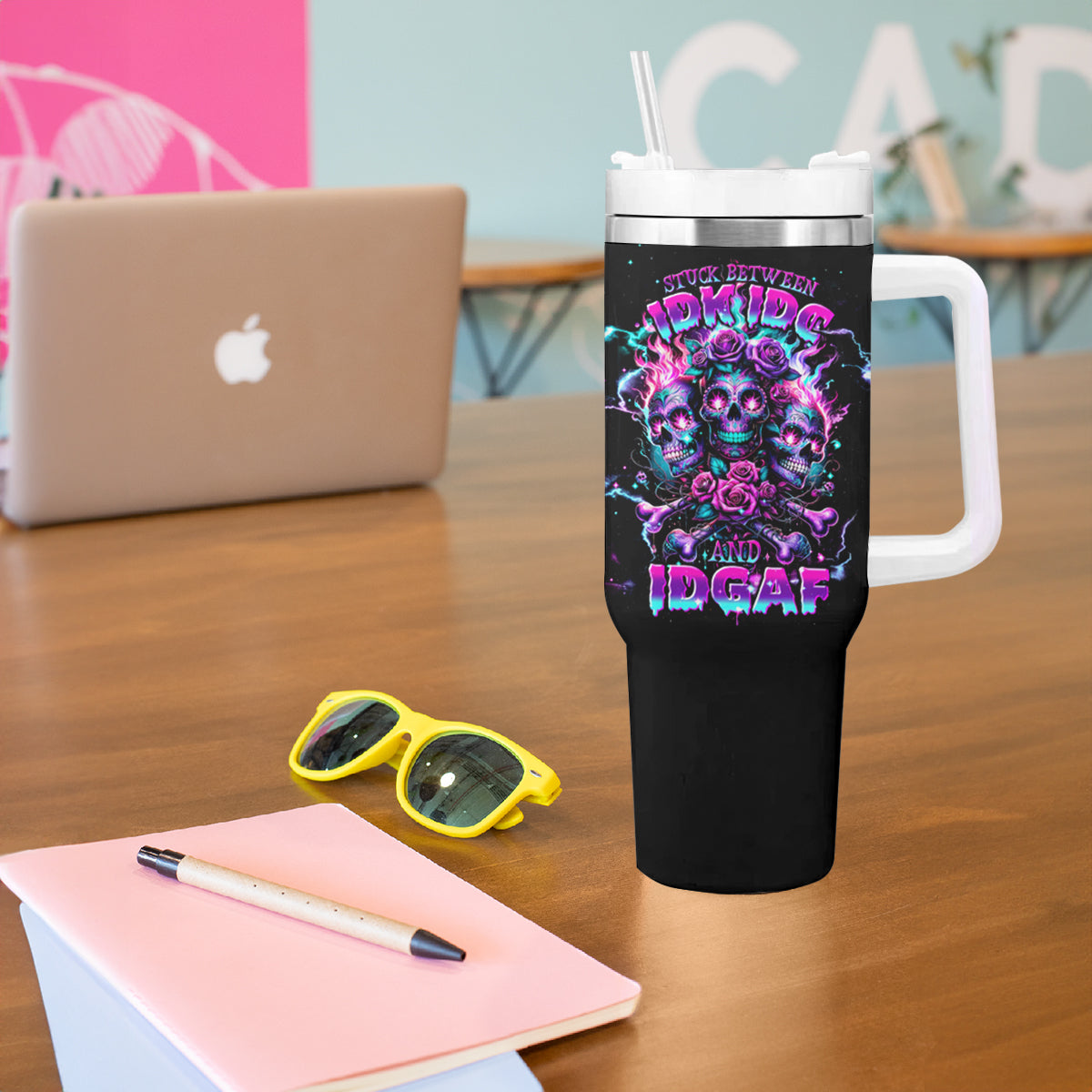 Flower Skull Tumbler With Handle Stuck Between IDK IDC