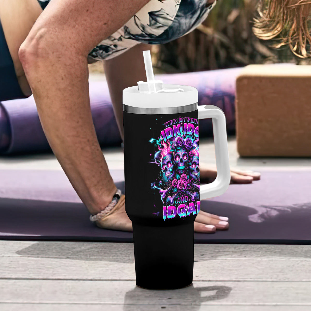 Flower Skull Tumbler With Handle Stuck Between IDK IDC