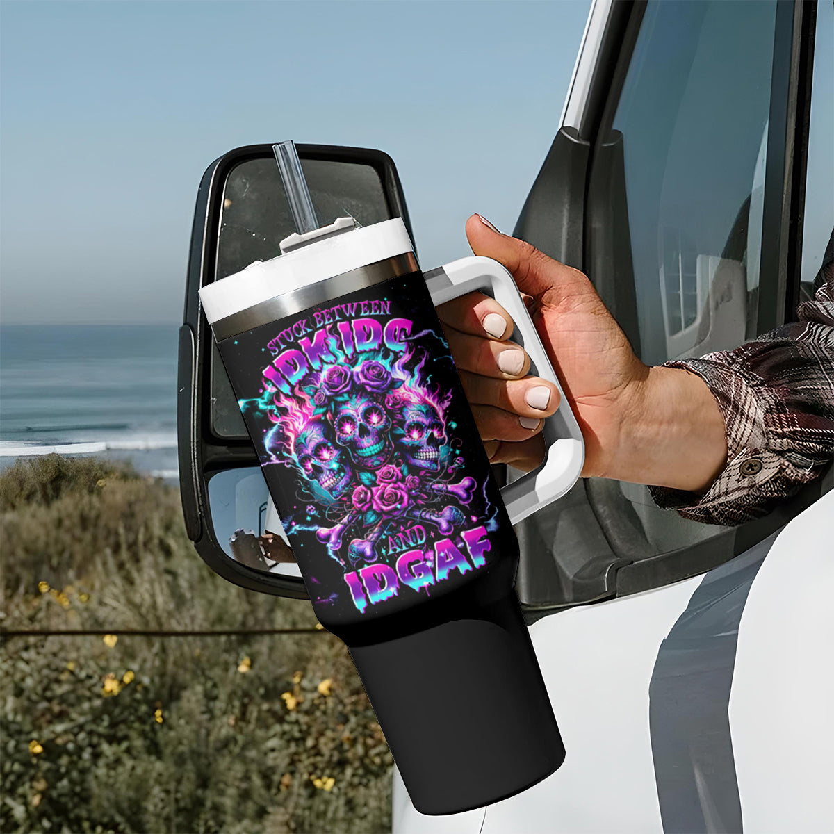 Flower Skull Tumbler With Handle Stuck Between IDK IDC