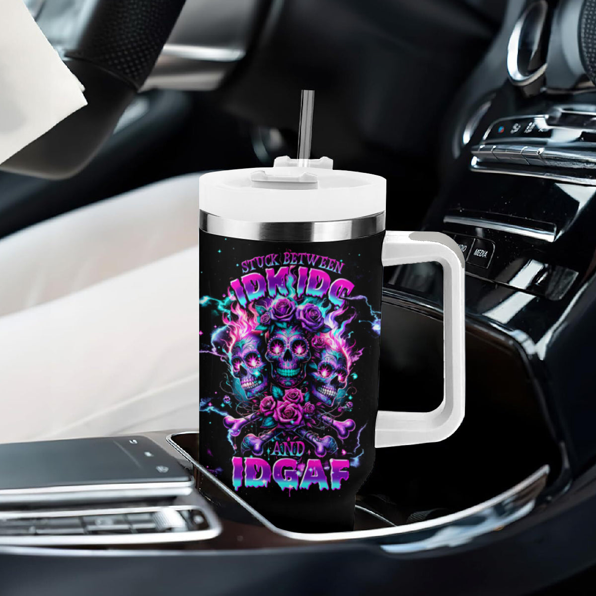 Flower Skull Tumbler With Handle Stuck Between IDK IDC